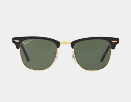 ray ban clubmasters with prescription featuring the ray ban rb3016 clubmaster sunglasses in black with gold metal accents and g-15 green polarized lenses